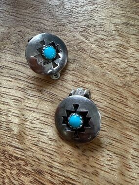 VTG Sterling Silver Turquoise Clip-On Earrings - turquoise - Navajo